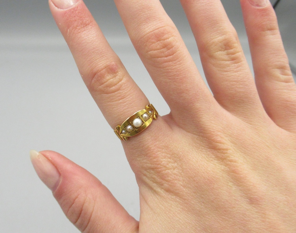 Victorian 15ct yellow gold ring set with seed pearls, stamped 15, size M, 3.1g - Image 3 of 3