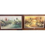 Two Eastern landscape oil paintings, 45cm x 75cm and three similar smaller oil paintings (5)