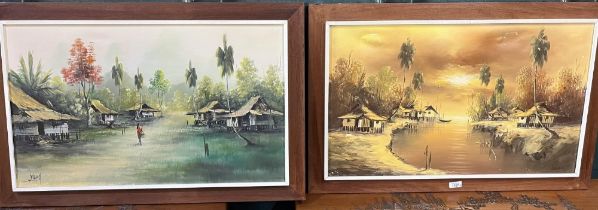 Two Eastern landscape oil paintings, 45cm x 75cm and three similar smaller oil paintings (5)