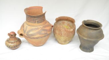 Collection of antique clay pots to include 2 painted examples, the smallest Pre-Columbian with