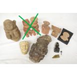 Collection of South American carved stone and terracotta figures, a small carved Chameleon etc. (qty