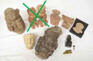 Collection of South American carved stone and terracotta figures, a small carved Chameleon etc. (qty