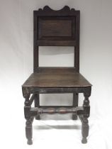 Oak backstool, fielded panel back and solid seat on turned and block supports with stretchers, W46cm