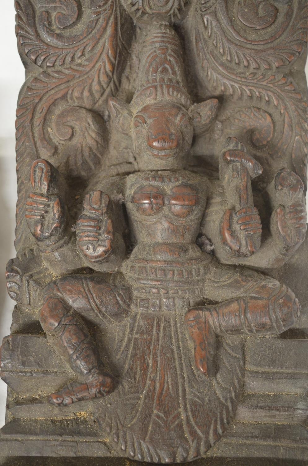 Collection of antique Indian pieces to include wood carved statue of Vishnu, a teak Nandi Bull - Image 2 of 5