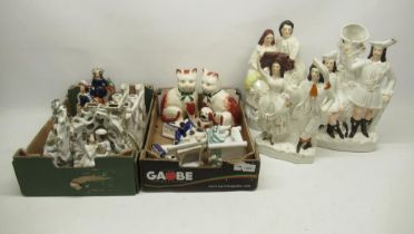 Collection of Staffordshire style and other figures, incl. flatback groups, cats, dogs, etc.