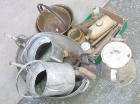 Various vintage kitchenalia and garden items, incl. a bird scarer, two watering cans, enamel jug,