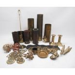 Pair of WWII trench art brass shell cases, 17cm; other shell cases; horse brasses and other