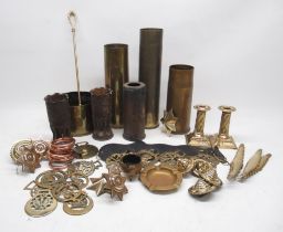 Pair of WWII trench art brass shell cases, 17cm; other shell cases; horse brasses and other