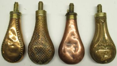Dixon & Sons Patent 19th century copper and brass powder flask, 19.5cm; two Dixon & Sons embossed