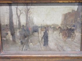 French School (Early C20th); Busy Street Scene with figures, oil on canvas, 36cm x 56cm (Victor Brox