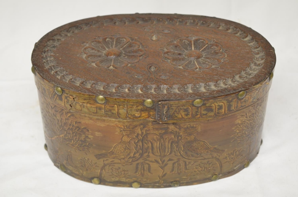 17th century Dutch wood and pressed cow horn marriage box, with ornate carvings of Lovebirds in
