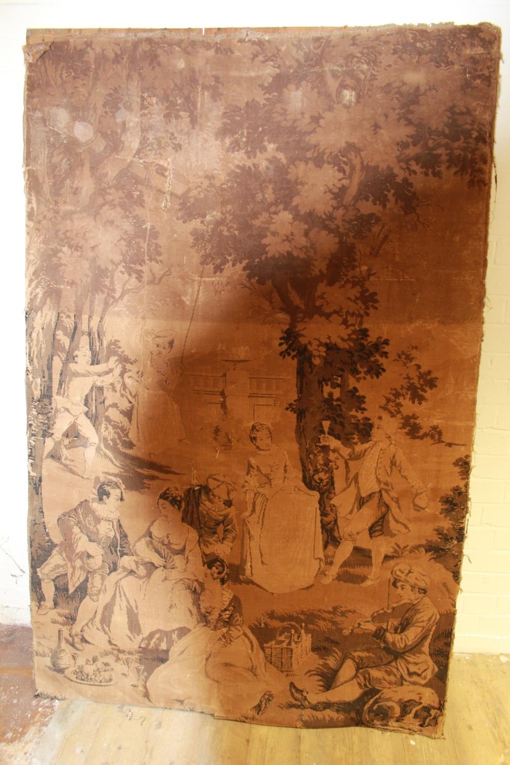 Large mounted on board machine made tapestry of courting couples in garden scene, a/f (Victor Brox