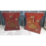 Pair of Red Chinoiserie decorated bedside cabinets with drawer above a door, W52cm D31cm H61cm (2)