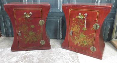 Pair of Red Chinoiserie decorated bedside cabinets with drawer above a door, W52cm D31cm H61cm (2)