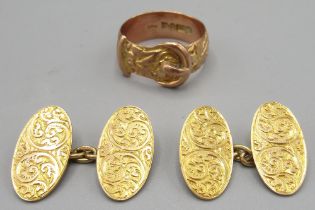 Pair of 9ct yellow gold cufflinks with engraved foliage detail, and a Victorian 9ct rose gold ring