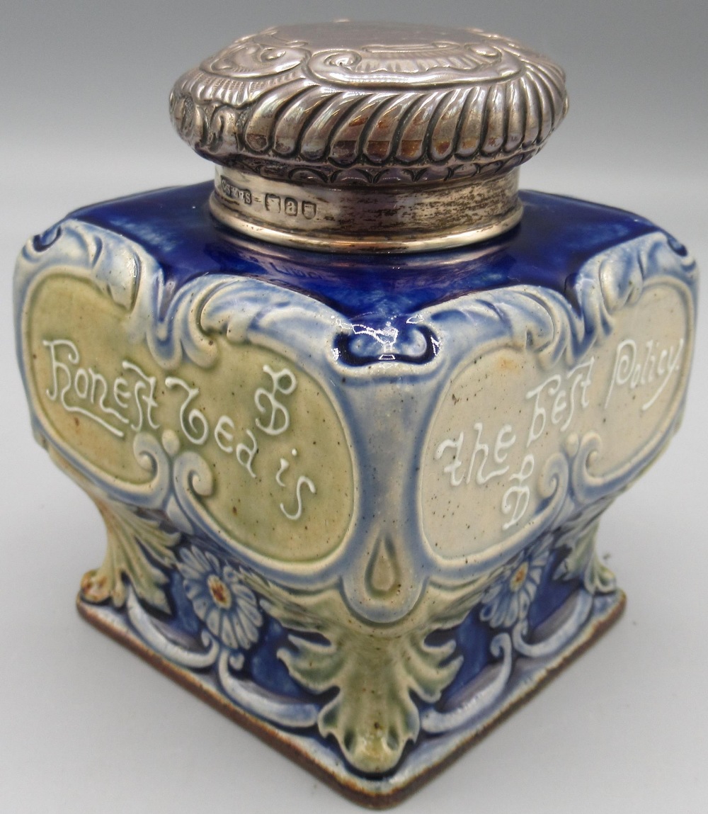 Doulton Lambeth silver mounted stoneware tea caddy, by John Broad and assisted by Emma A Burrows - Image 2 of 4