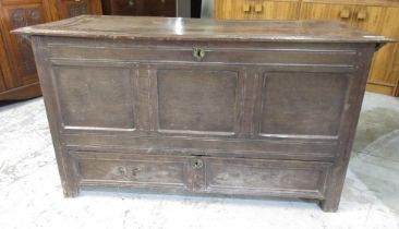 C18th oak mule chest, triple panel front, over long drawer, W140cm D62cm H79cm
