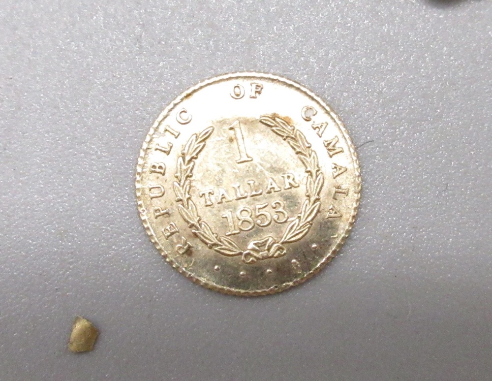 Gold 1-Tallar, 1853 and a collection of yellow metal, not hallmarked, 25.6g, and two vials of gold - Image 2 of 2