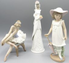Lladro figure of a seated ballet dancer, H14.5cm; Nao figure of a girl with parasol; and a Lladro