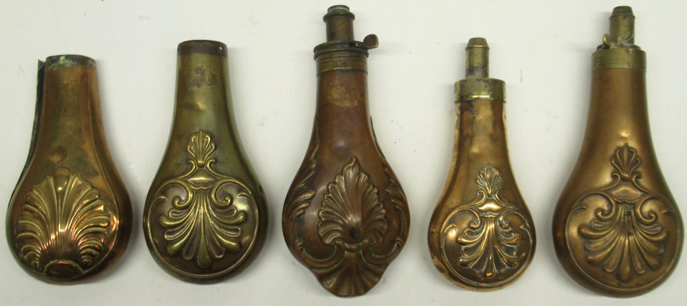 G. & J.W. Hawksley 19th century copper and brass embossed powder flask, decorated with shell