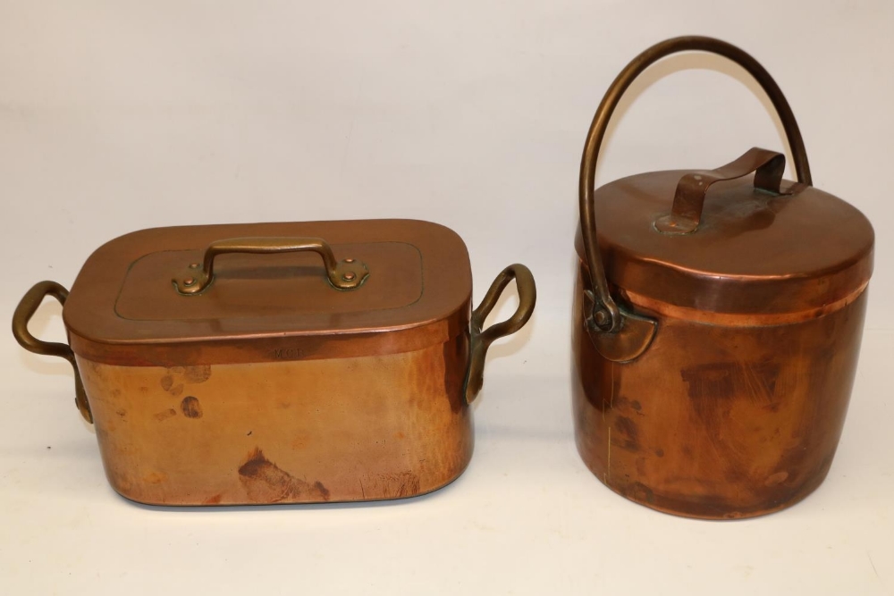 Two country house type large copper pans and covers, one initialled MCB, max. H26cm