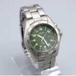 Seiko Kinetic 50M stainless steel wristwatch with day date on matching bracelet, signed green Arabic