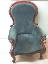 Victorian mahogany framed nursing chair, upholstered in green, on cabriole legs, H107cm