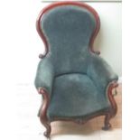 Victorian mahogany framed nursing chair, upholstered in green, on cabriole legs, H107cm