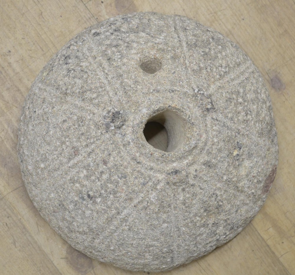 Carved stone mortar with lettering to the upper sides W24xD18xH27.5cm and a circular domed - Image 2 of 4