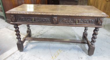 C19th oak Jacobean style side table, with two frieze drawers on barley twist legs, jointed under