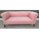 Edwardian drop-end sofa, on angular cabriole legs, reupholstered in red check, W170cm D80cm H74cm