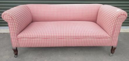 Edwardian drop-end sofa, on angular cabriole legs, reupholstered in red check, W170cm D80cm H74cm