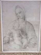 After Raphael 'Madonna with Pomegranate' monochrome print and a similar head and shoulder portrait