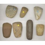 Seven neolithic stone hand axe heads, largest L11.5cm (Victor Brox collection)