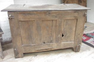 Large pegged oak meal coffer, planked top with three panel front, W167cm D72cm H103cm (Victor Brox
