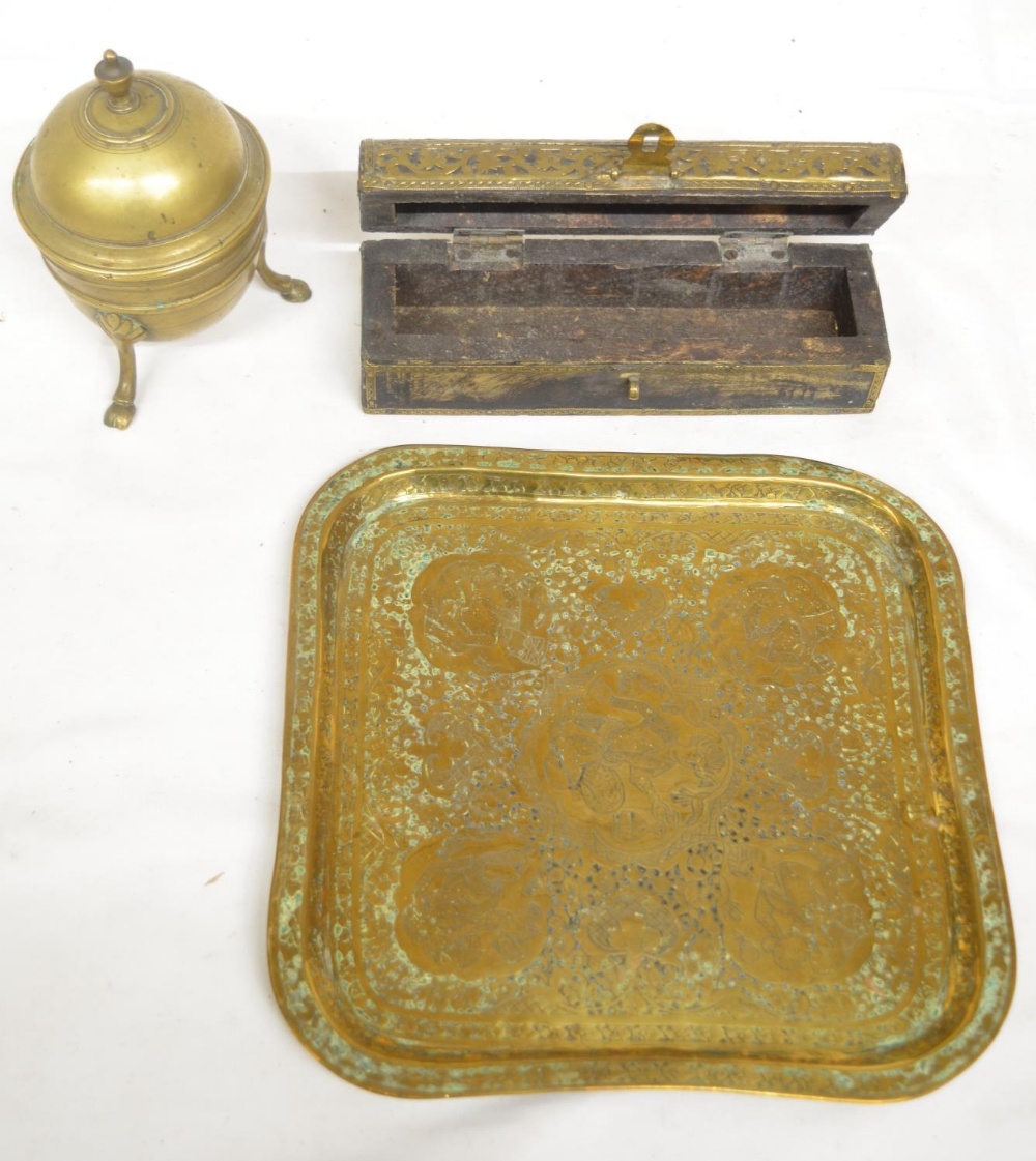 Collection of brass and copper ware to include copper measuring vessels, brass mounted knight, - Image 6 of 6
