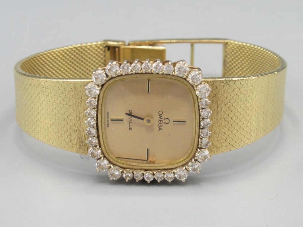 Ladies Omega De Ville gold and diamond set wristwatch on integrated fine mesh tapering bracelet