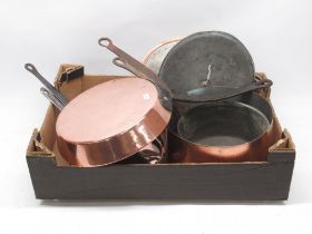 19th century copper frying pan with riveted iron handle, D29cm; two smaller frying pans and lidded