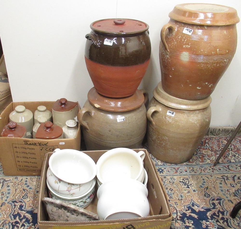 N. et Cie C20th glazed stoneware lidded storage jar, H44cm; three similar storage jars; seven glazed