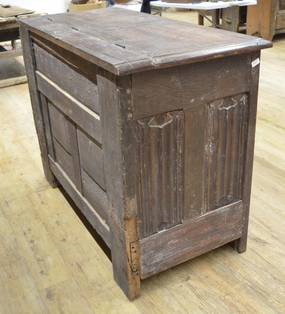 18th century French oak side cabinet, hinged top above two doors carved with strapwork, W129cm D63cm - Image 4 of 6