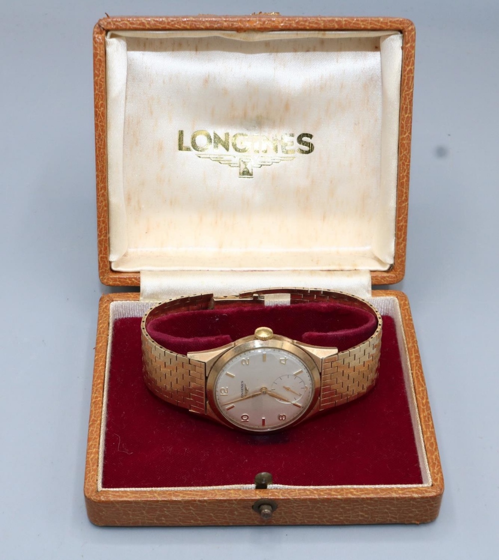 Longines gold wristwatch on matched D.S. & S. brick link bracelet hallmarked .375, London 1957,