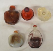 Five antique Chinese Opium flasks, one without lid to include an attractive carved example with bird