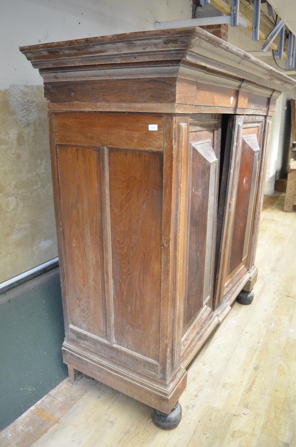 19th century Dutch oak walnut and rosewood cupboard, moulded cornice above two raised panel doors, - Image 3 of 6