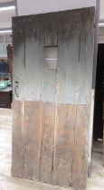 French Provincial five planked oak door, with small window and cast iron hinges and latch, W96cm