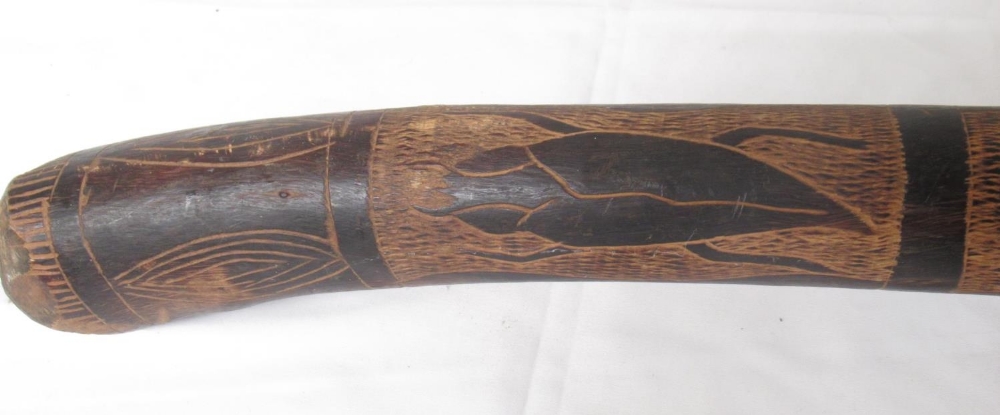 Carved didgeridoo with images of Kangaroo, Snakes, etc. carved wood 4-string instrument lacking 2 - Image 11 of 14