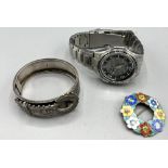 Casio Edifice stainless steel wristwatch, a hallmarked Sterling silver enamelled wreath brooch and a