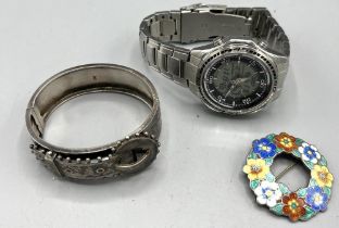 Casio Edifice stainless steel wristwatch, a hallmarked Sterling silver enamelled wreath brooch and a