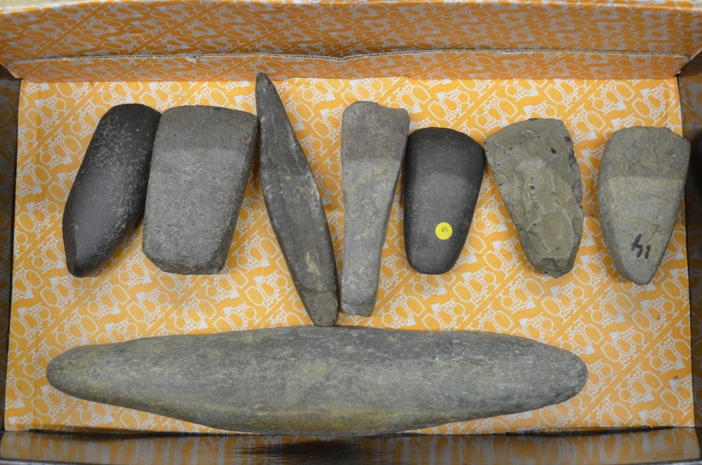 Eight neolithic stone hand axe heads, largest L24.5cm (Victor Brox collection) - Image 2 of 2