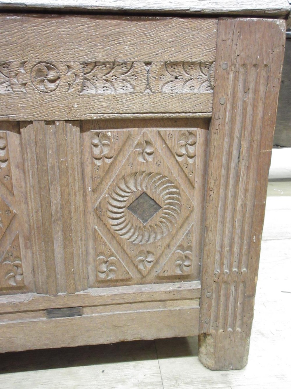 18th century oak coffer, later planked top above four geometric with stop fluted supports, lozenge - Image 3 of 4