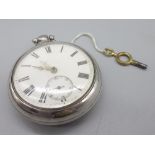 Victorian silver pair case pocket watch, white enamel Roman dial, subsidiary seconds, case